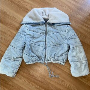 Blank NYC Cozy Blue Denim Puffer Jacket with White Sherpa Collar Size M